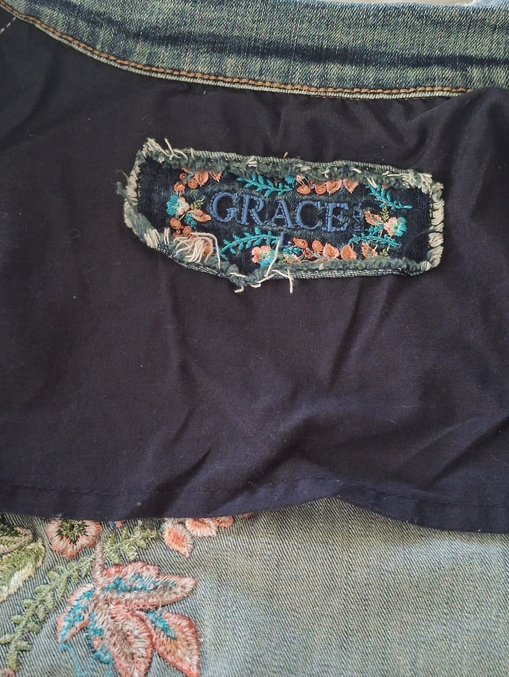 Grace In LA Embroidered Denim Jacket Sz L - Picture 9 of 12